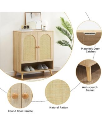 Rattan Shoe Storage Cabinet with 4 Flip Drawers, Narrow Shoe Rack Cabinet, Freestanding Wooden Shoe Organizer Cabinet for Entryway, Hallway