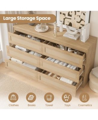 Rattan Dresser for Bedroom, Modern 6 Drawer Double Dresser with Anti-Tip Kit