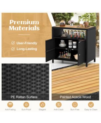 Rattan Storage Cabinet with Acacia Wood Countertop for Poolside Deck and Patio