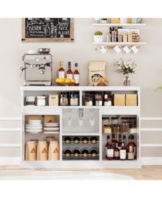 Modern Coffee Cabinet with Led Lights, White Bar Cabinet with 2 Glass Doors