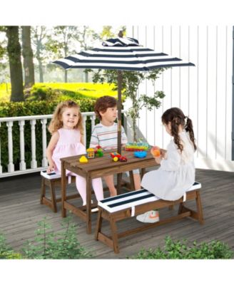 Kids Picnic Table and Bench Set with Cushions and Height Adjustable Umbrella