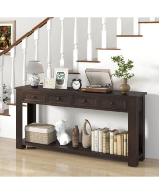63 Inches Farmhouse Entryway Table with 4 Storage Drawers and Open Shelf