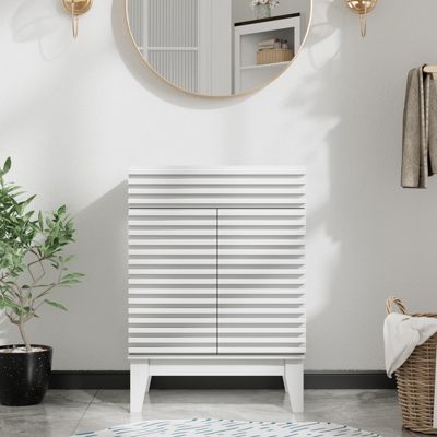 Mid-Century Freestanding Bathroom Cabinet Vanity with Storage, Particleboard Frame with Wood Grain Laminate (Sink Basin Not Included)