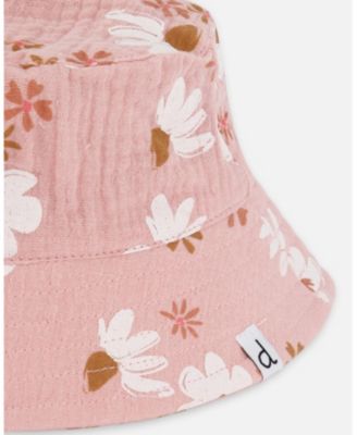 Baby Girls Printed Muslin Bucket Hat Pink And White Flowers