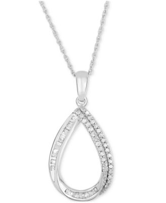 Macy's - Diamond Round & Baguette Open Teardrop 18" Pendant Necklace (1/4 ct. t.w.) in Sterling Silver