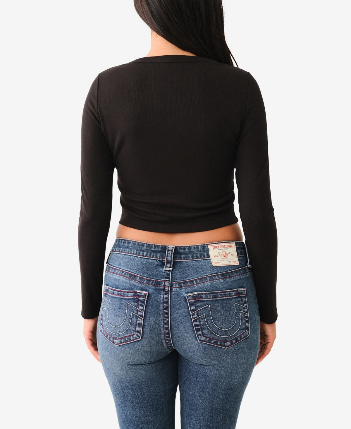 TRUE RELIGION WOMEN'S LOGO RIB V NOTCH LONG SLEEVE TOP 