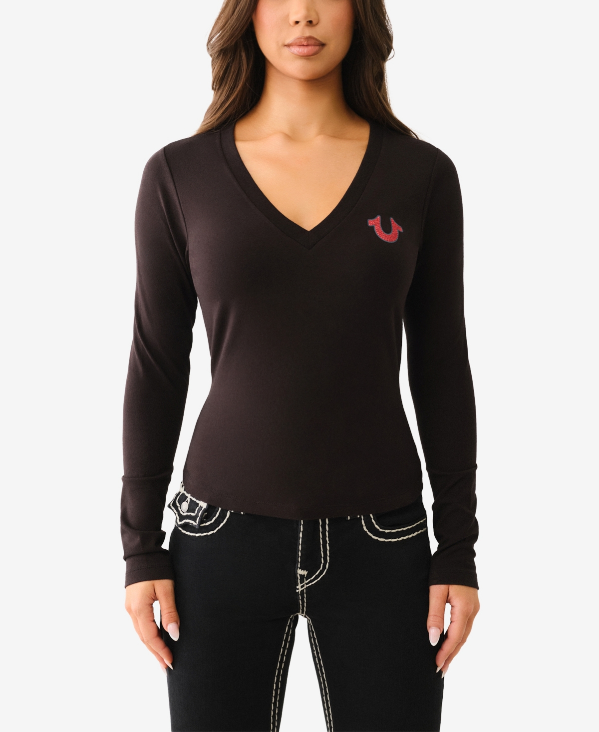 Shop True Religion Women's Crystal Buddha V Neck Top In Jet Black
