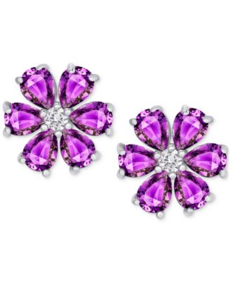 Macy's - Amethyst (5/8 ct. t.w.) & Lab Grown White Sapphire (1/10 ct. t.w.) Flower Stud Earrings in Sterling Silver