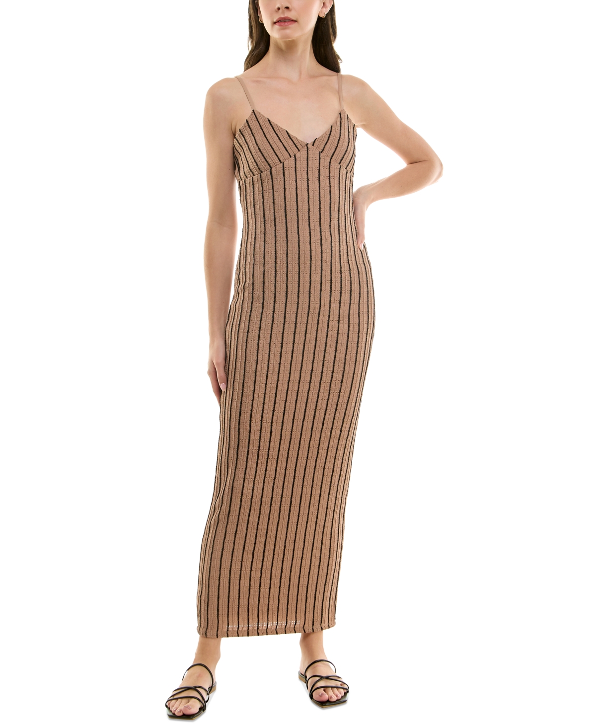 Planet Gold Juniors' Textured Striped Knit Maxi Dress In Beige,khaki