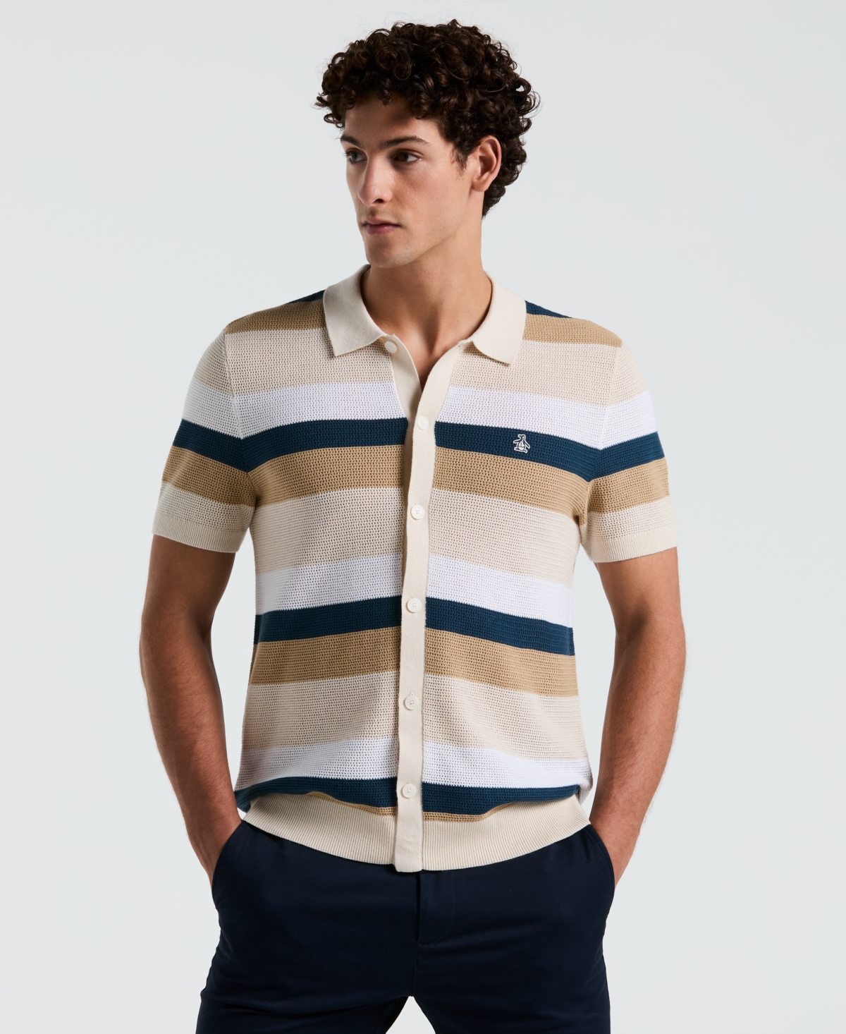 Men's Short Sleeve Striped Mesh Cardigan Sweater - Birch