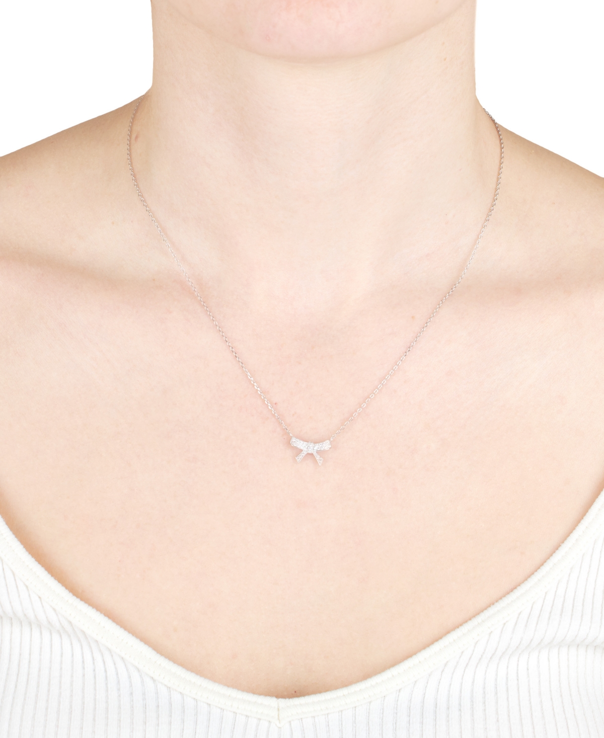 Macy's Cubic Zirconia Pave Bow Pendant Necklace In Sterling Silver, 16" + 3" Extender (also Available In 14 In Silver