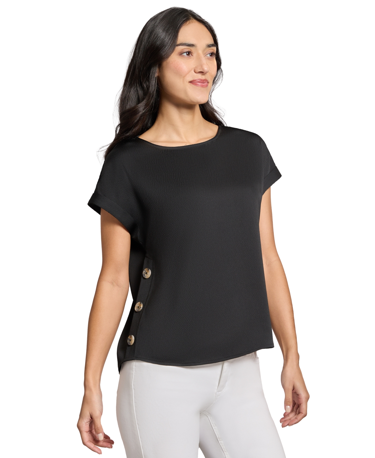 Jones New York Womens Button Detail Short Sleeve Pullover Top In Jones Black