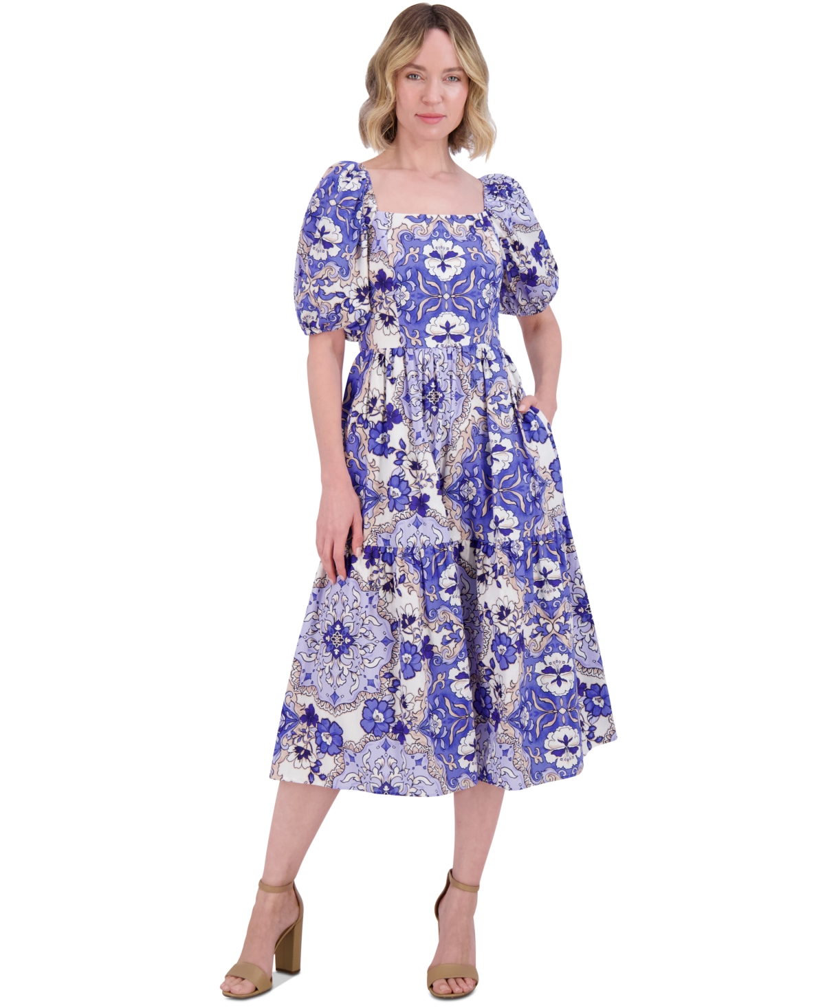 Vince Camuto Petite Printed Cotton Puff-sleeve Midi Dress In Blue,white