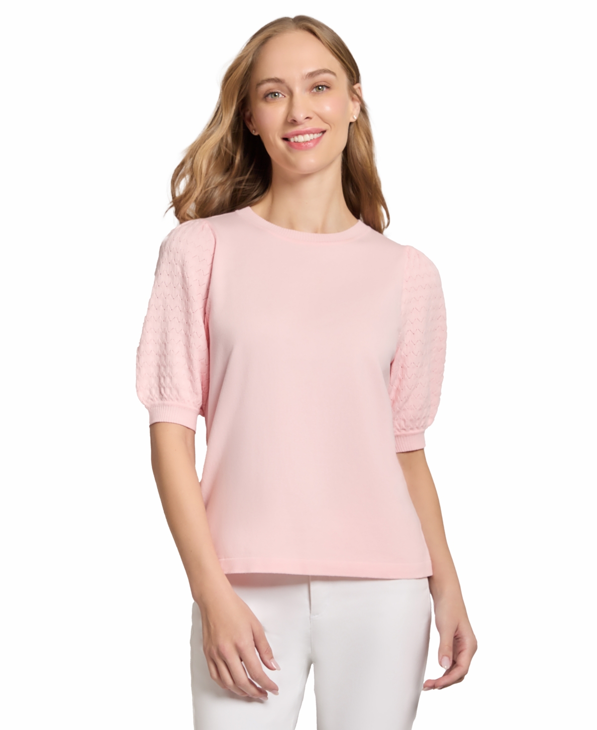 Women's Stitch Puff Sleeve Crewneck Sweater - Azalea