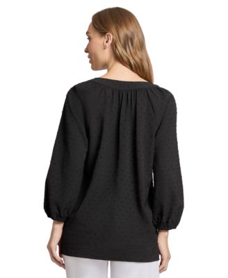 Women's 3 Quarter Sleeve Notch Neck Popover Dotted Blouse 