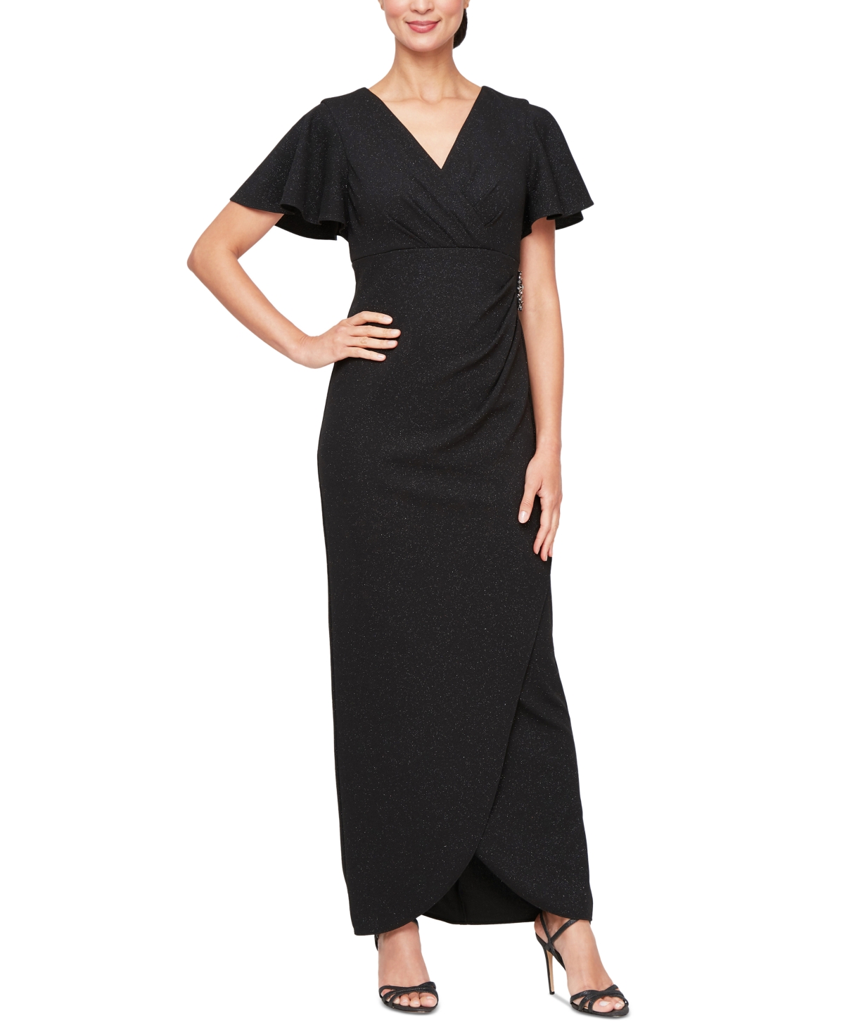 Women's Flutter-Sleeve Tulip-Hem Dress - Black
