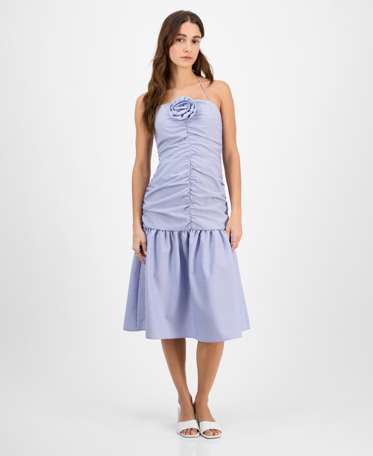 TINSEL JUNIORS' STRIPED ROSETTE-TRIM DROPPED-WAIST MIDI DRESS 