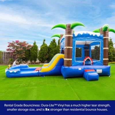 HeroKiddo Ocean Shark Commercial Grade Inflatable Bounce House Water Slide Combo with Attached Splash Pool (No Blower Included)