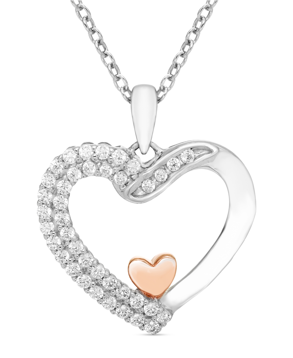 MACY'S DIAMOND DOUBLE ROW TWO HEART 18" PENDANT NECKLACE (1/4 CT. T.W.) IN STERLING SILVER & 10K ROSE GOLD 