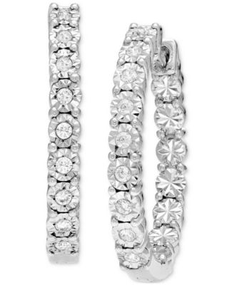 Macy's - Diamond Sunray Textured Small Hoop Earrings (1/4 ct. t.w.) in Sterling Silver. 0.9"