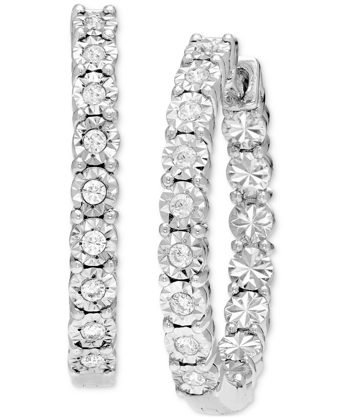 Macy's Diamond Sunray Textured Small Hoop Earrings (1/4 Ct. T.w.) In Sterling Silver. 0.9" In Sterling S