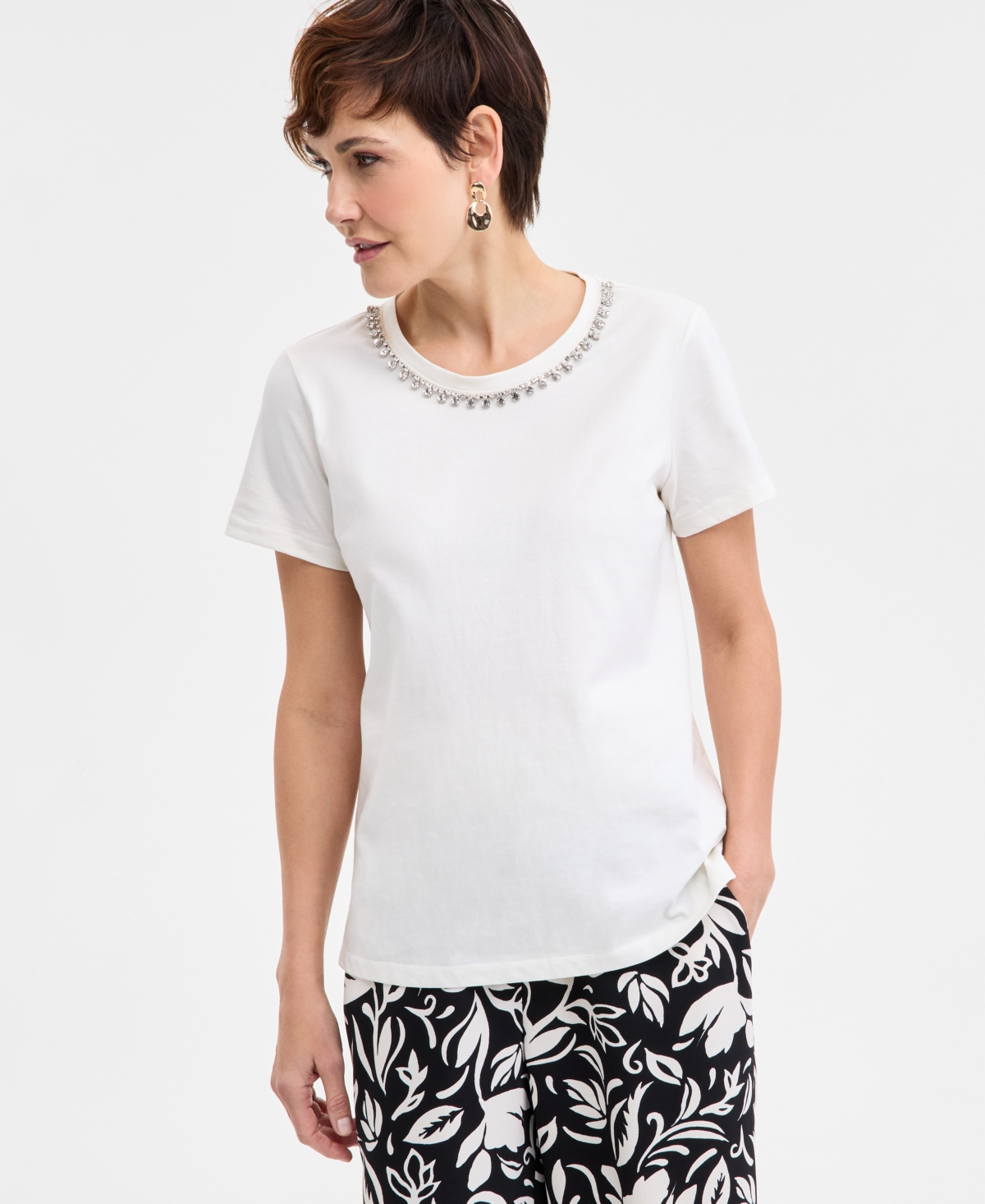 Women's Embellished Cotton Polished T-Shirt, Exclusively at Macys - Floral Black Print