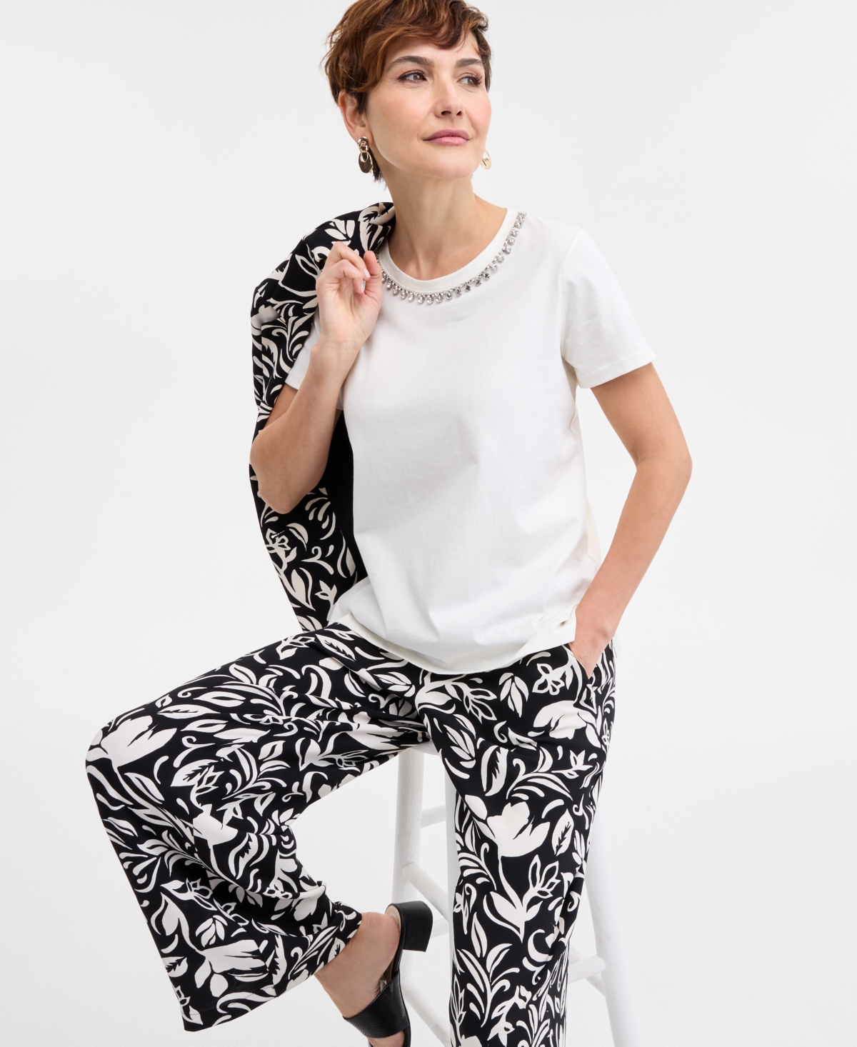 Shop Jm Collection Women's Embellished Cotton Polished T-shirt, Exclusively At Macys In Neo Natural
