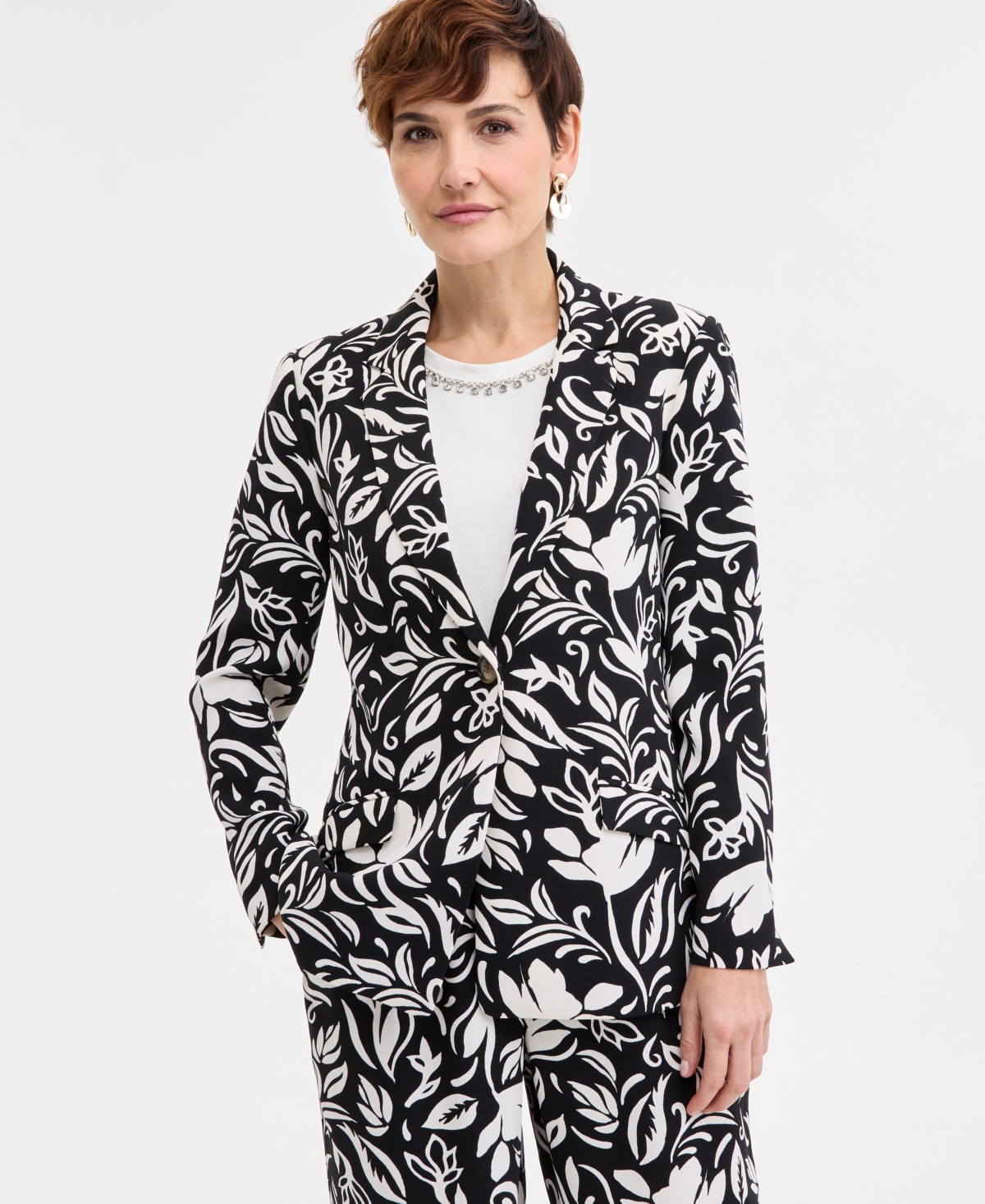 Shop Jm Collection Women's Printed Blazer, Exclusively At Macy's In Deep Black