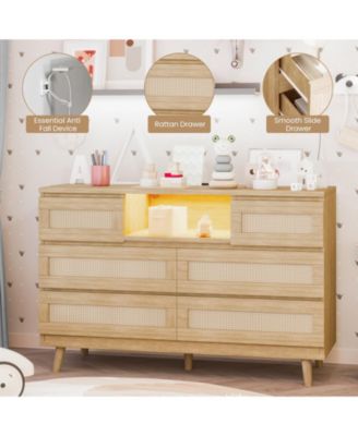 Natural Rattan Dresser for Bedroom with LED light and Charging Station