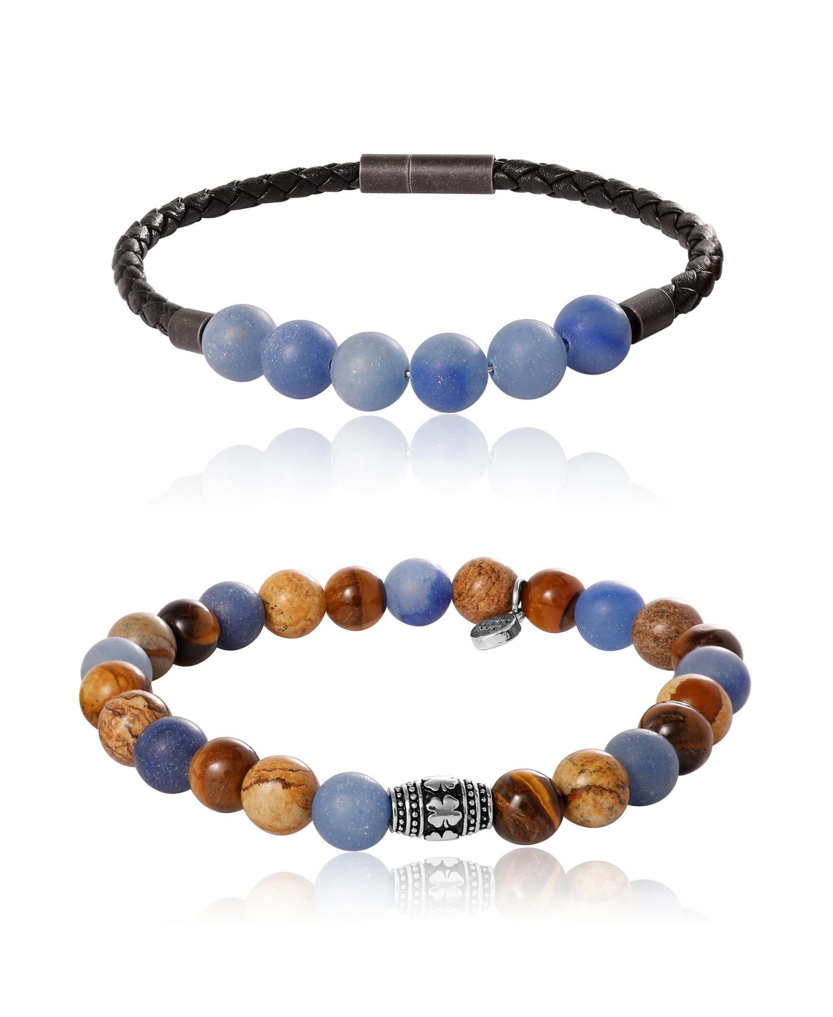 Sodalite, Picture Jasper, Tiger's Eye Stretch Bead & Magnetic Cord Bracelet Set - 2 Piece - Brown, blue