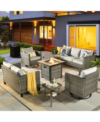 Patio Furniture Set 6 Piece Outdoor Sectional Sofa Set with Rocking Swivel Chairs Square Fire Pit Table Loveseat All Weather Wicker Rattan Conversation Sets for Yard Porch