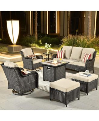 Outdoor Swivel Rocking Chairs with 50,000 BTU Propane Fire Pit Table 7 Pieces All Weather PE Wicker Conversation Sofa and Matching Side Table