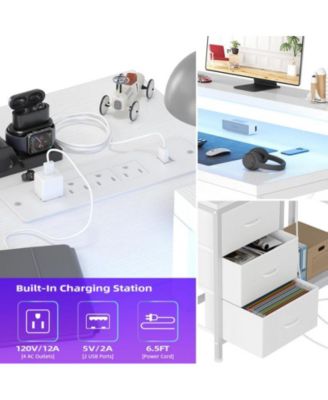 L Shaped Desk with Power Outlets & LED Lights, Computer Desk with Drawers & Shelves, Corner Desk Gaming Desk Home Office Desk