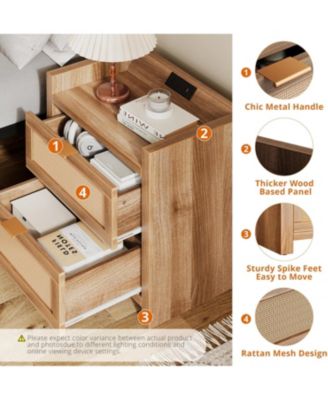 Night Stand Set of 2, Modern Nightstand with Type-C Charging Station, Bedside Tables with 2 PE Rattan Drawers, Rattan Nightstands for Bedroom Living Room