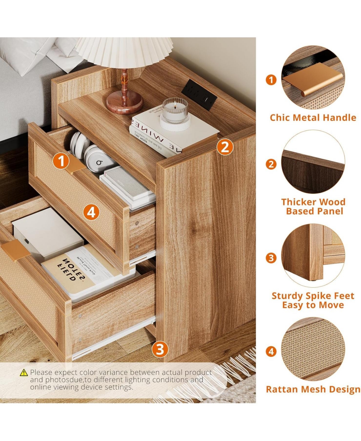 gaomon Night Stand Set of 2, Modern Nightstand with Type-c Charging Station, Bedside Tables with 2 Pe Rattan Drawers, Rattan Nightstands for Bedroom L