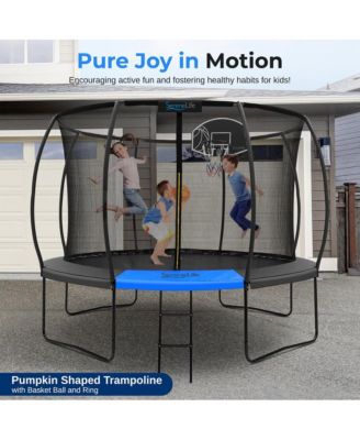 10ft Pumpkin Trampoline with Inner Enclosure, Ladder, and Basketball Hoop for Kids