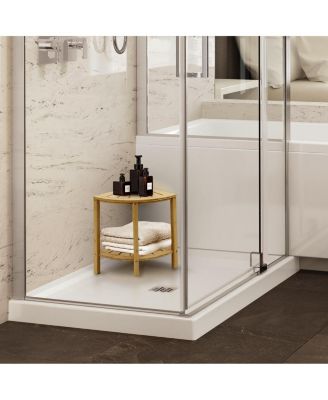 Corner Shower Bench with Shelf 2-Tier Wood Storage & Seat for Bathroom, Shower, Spa, Sauna