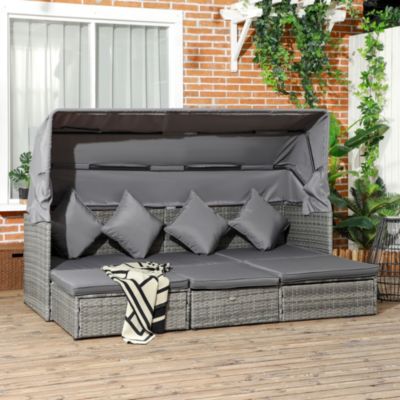 4 Piece Adjustable Canopy Outdoor Rat Sofa Set, Light
