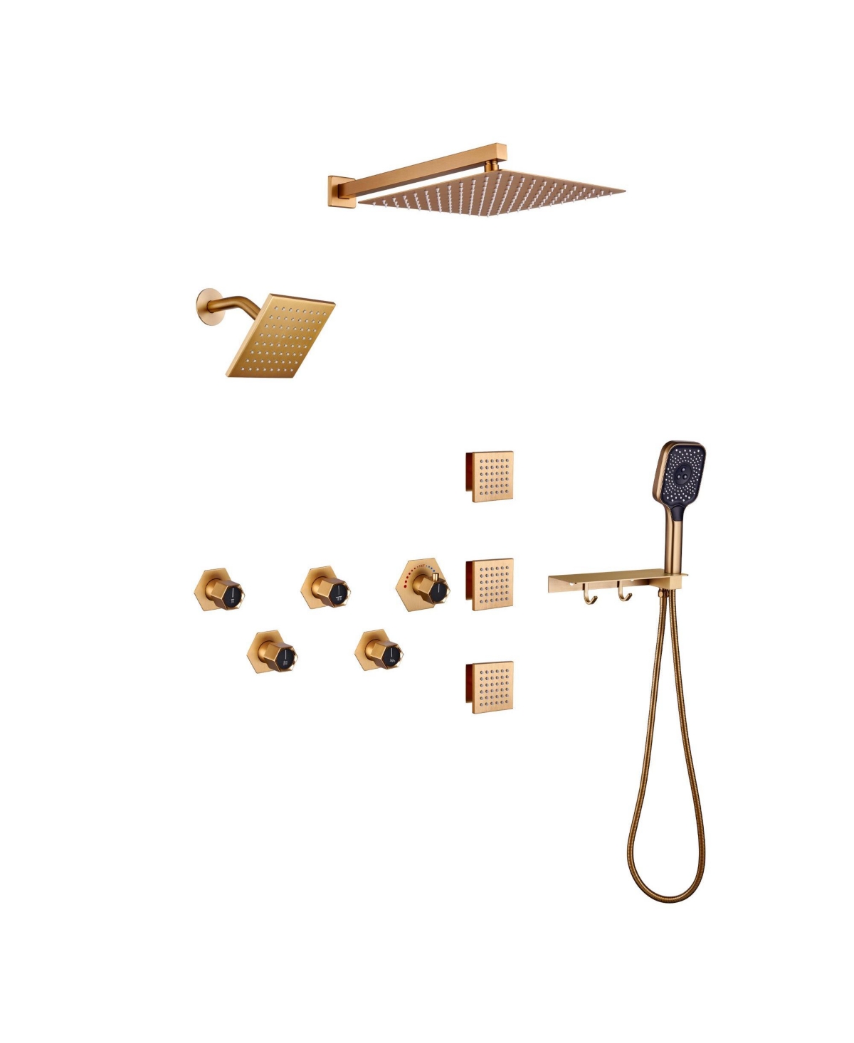 Luxury Thermostatic Shower System with Handheld Shower Head Shower Faucet Set with Shelf and Hook Shower System with Body Jets, Brushed - Brushed gold