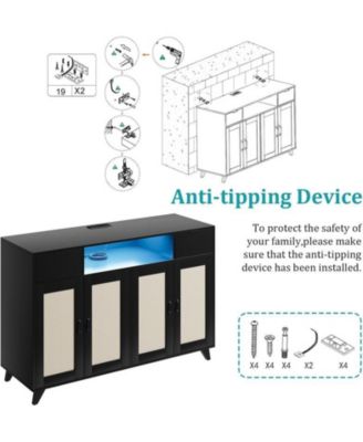Sideboard Buffet Cabinet, 47" Accent Storage Cabinet with 4 Rattan Doors & 2 Drawers Console Table Coffee Bar w/Power Outlet & LED Light Adjustable Shelves for Dining Living Room, Hallway