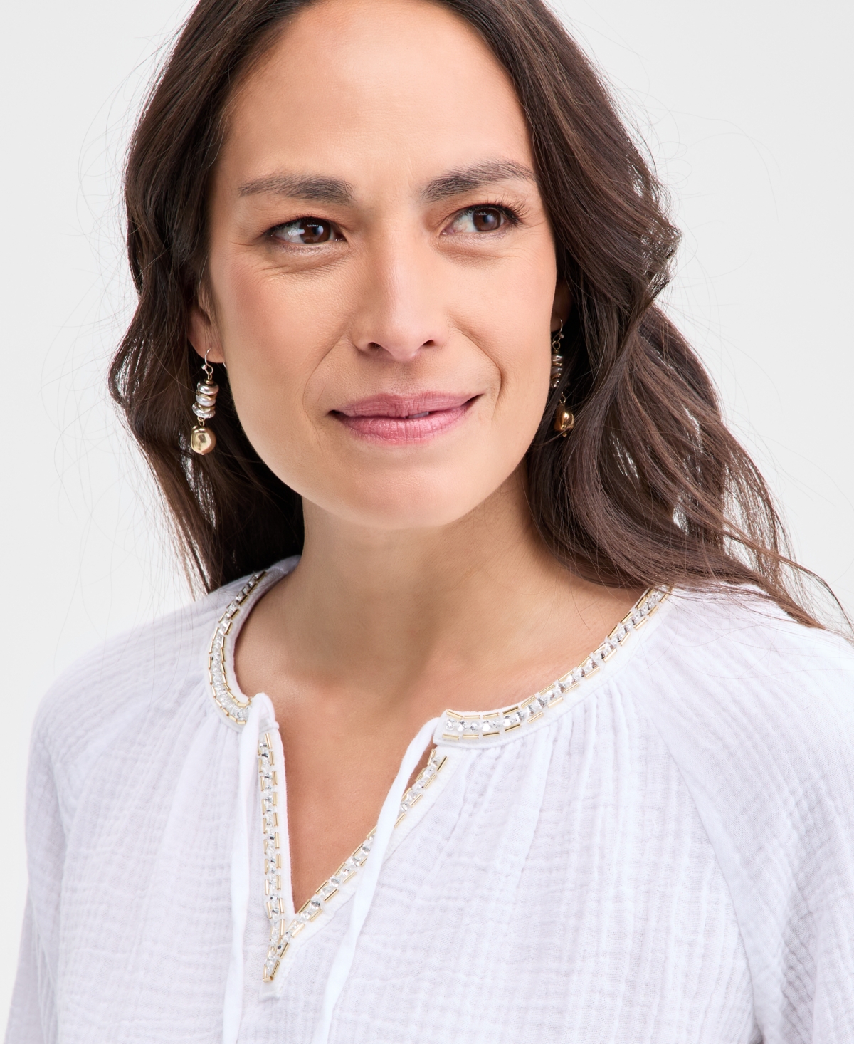 Shop Jm Collection Women's Cotton Gauze Split-neck Beaded Top, Exclusively At Macy's In Bright White
