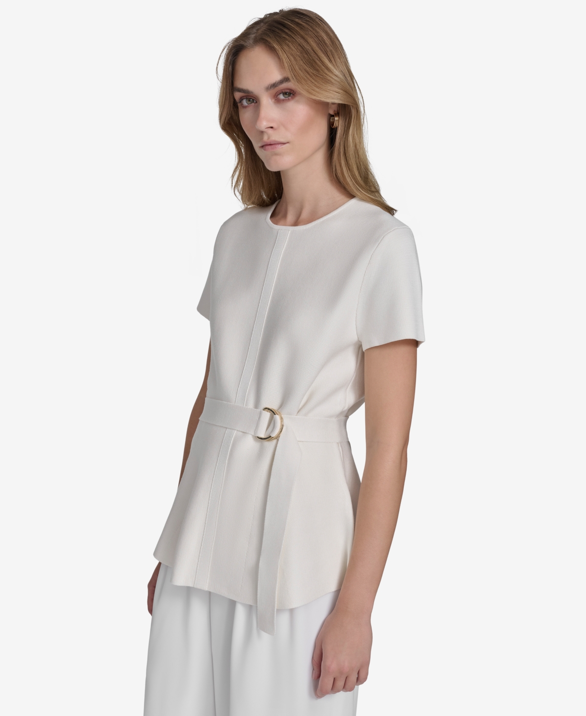 HALSTON WOMEN'S SHORT-SLEEVE BELTED ROUND-NECK BLOUSE 