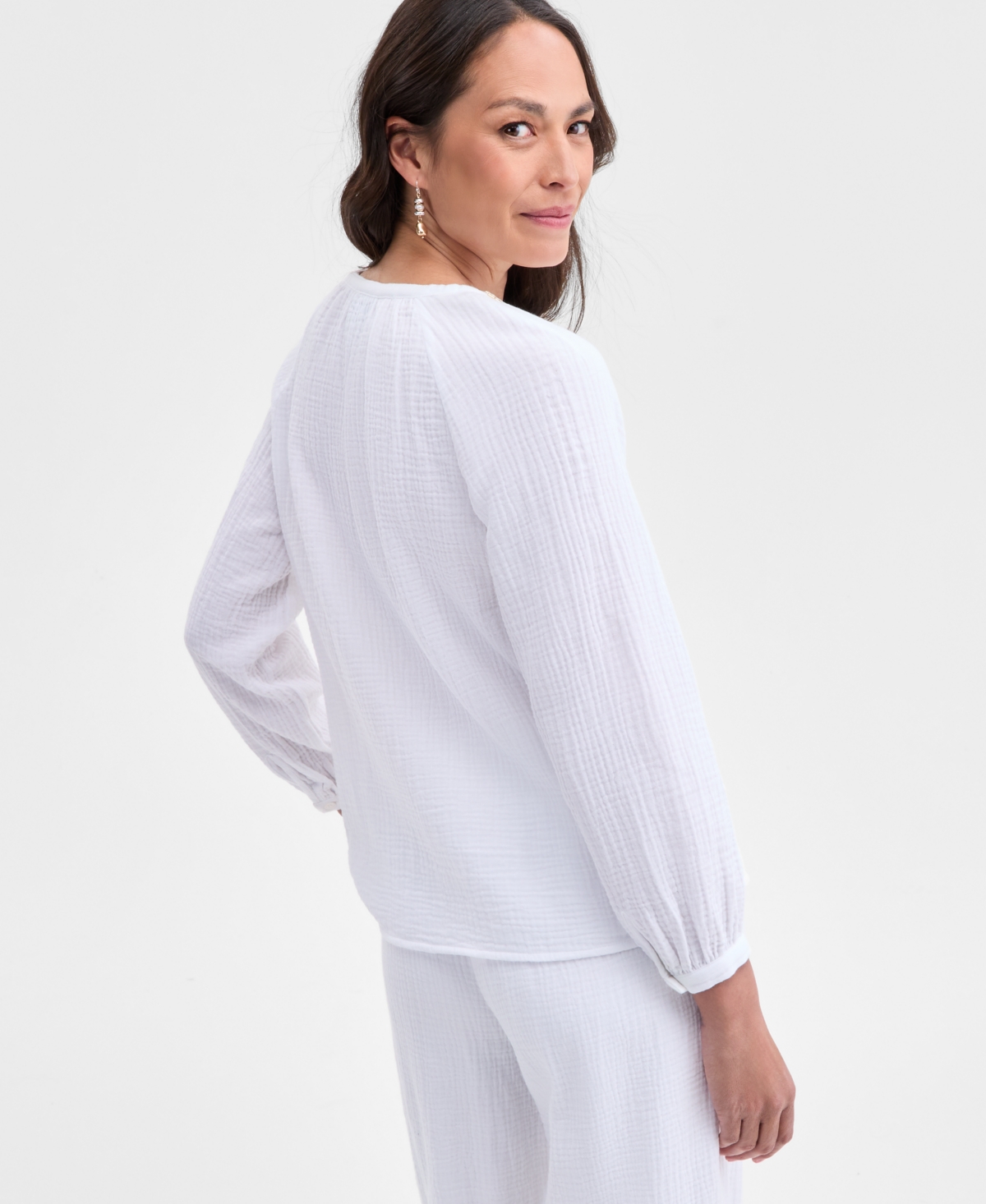 Shop Jm Collection Women's Cotton Gauze Split-neck Beaded Top, Exclusively At Macy's In Bright White
