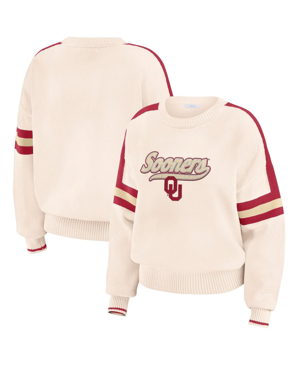 Women's Cream Oklahoma Sooners Chenille Woven Patch Stripe Pullover Sweater - Cream, Crimson