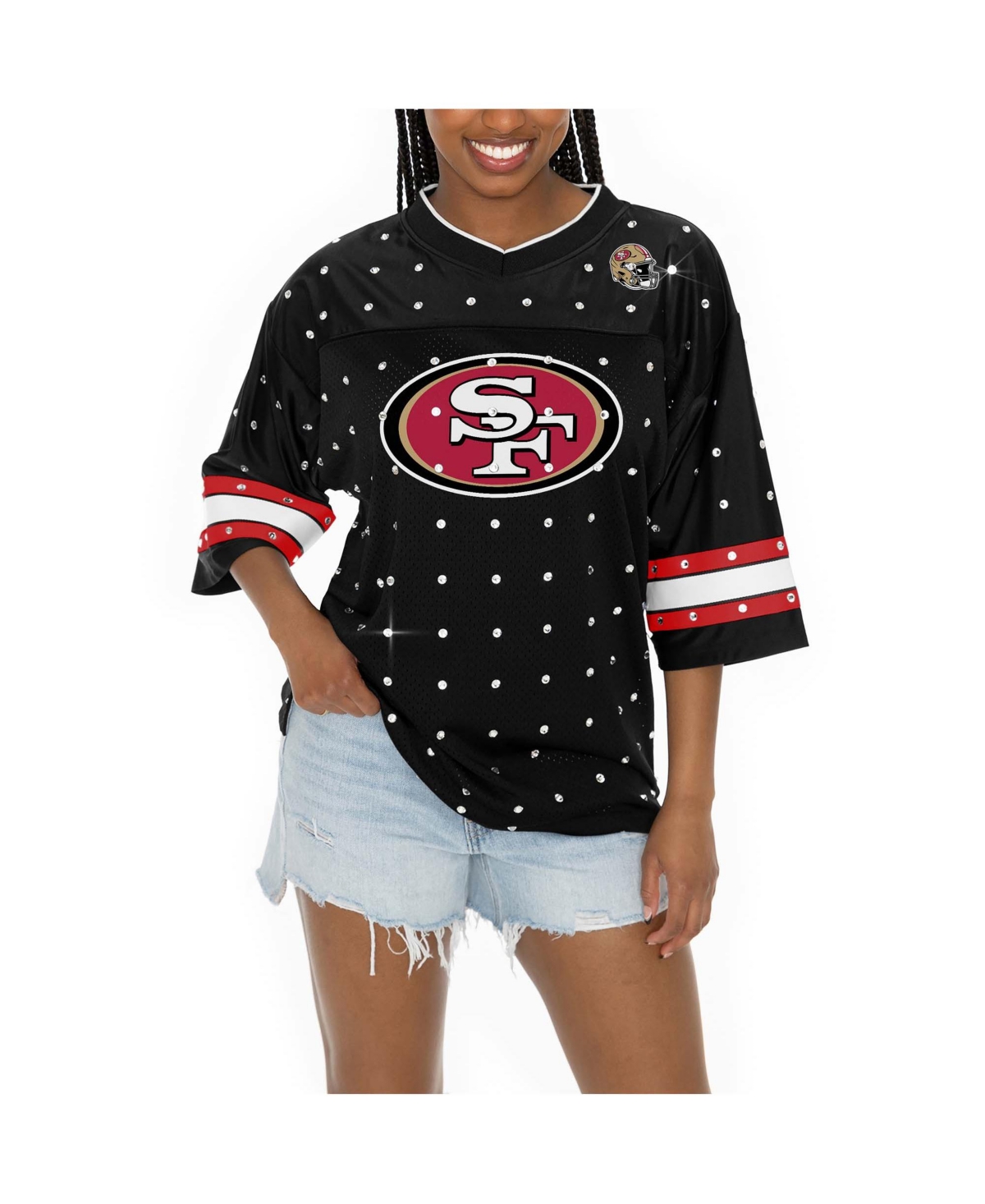 Gameday Couture Women's Black San Francisco 49ers Kickoff Time Allover Rhinestone Sports Stripe Jersey V-neck T-shir In Black