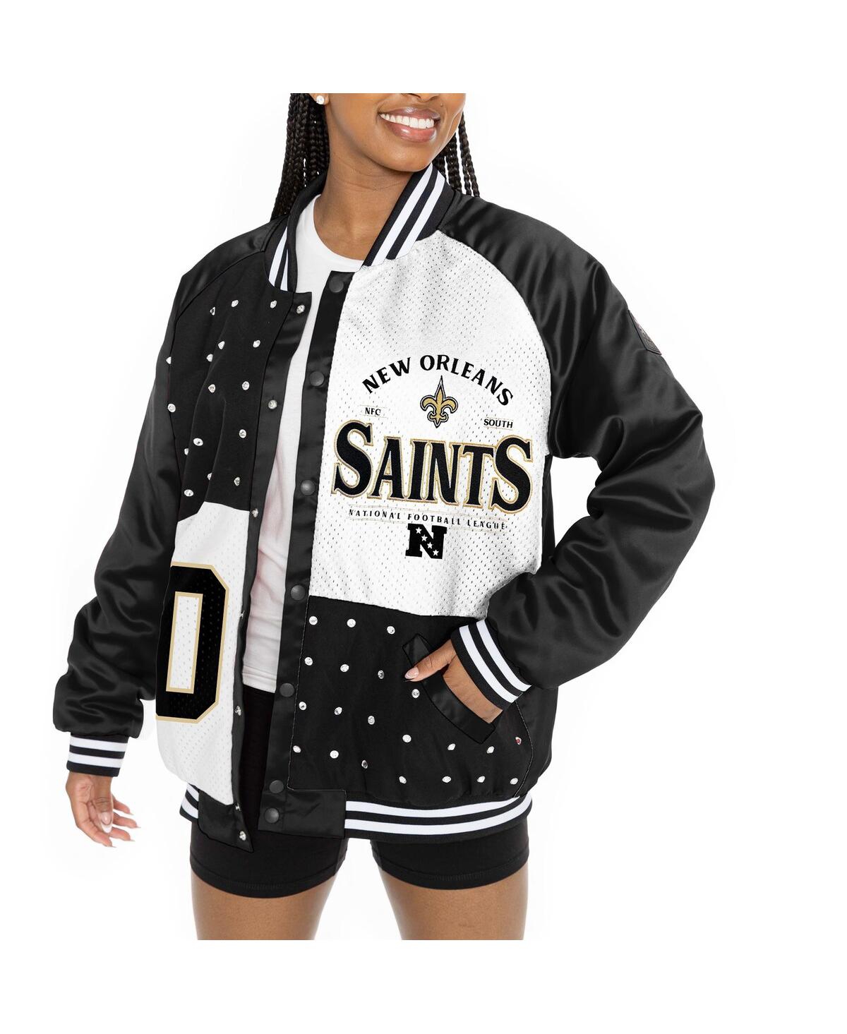 Shop Gameday Couture Women's Black/white New Orleans Saints Oversized Hot Shot Rhinestone Throwback Full-snap Varsity Bom In Black,white