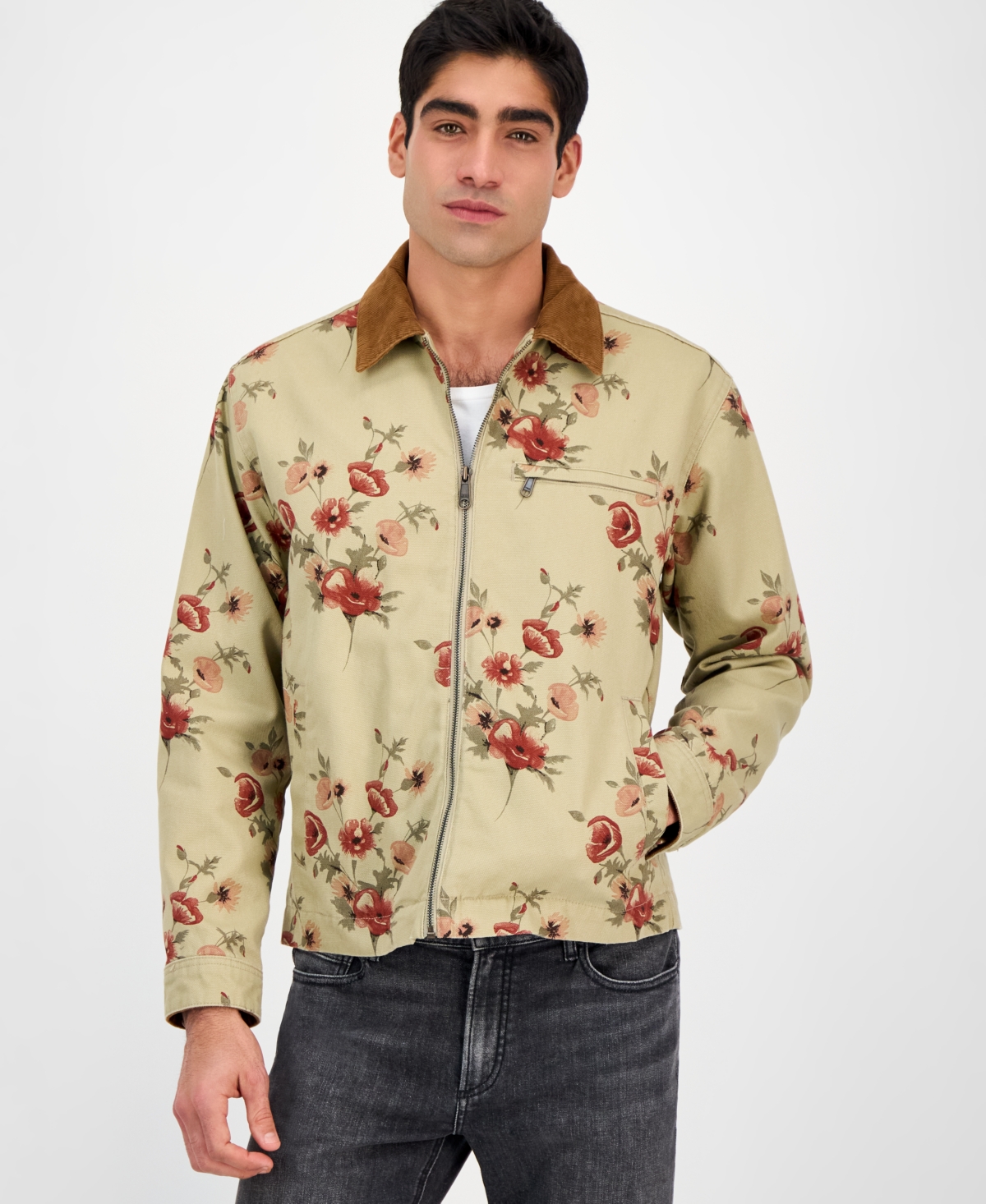 Men's Sean Long Sleeve Corduroy-Collar Zip-Front Floral Jacket, Exclusively at Macy's - Twill