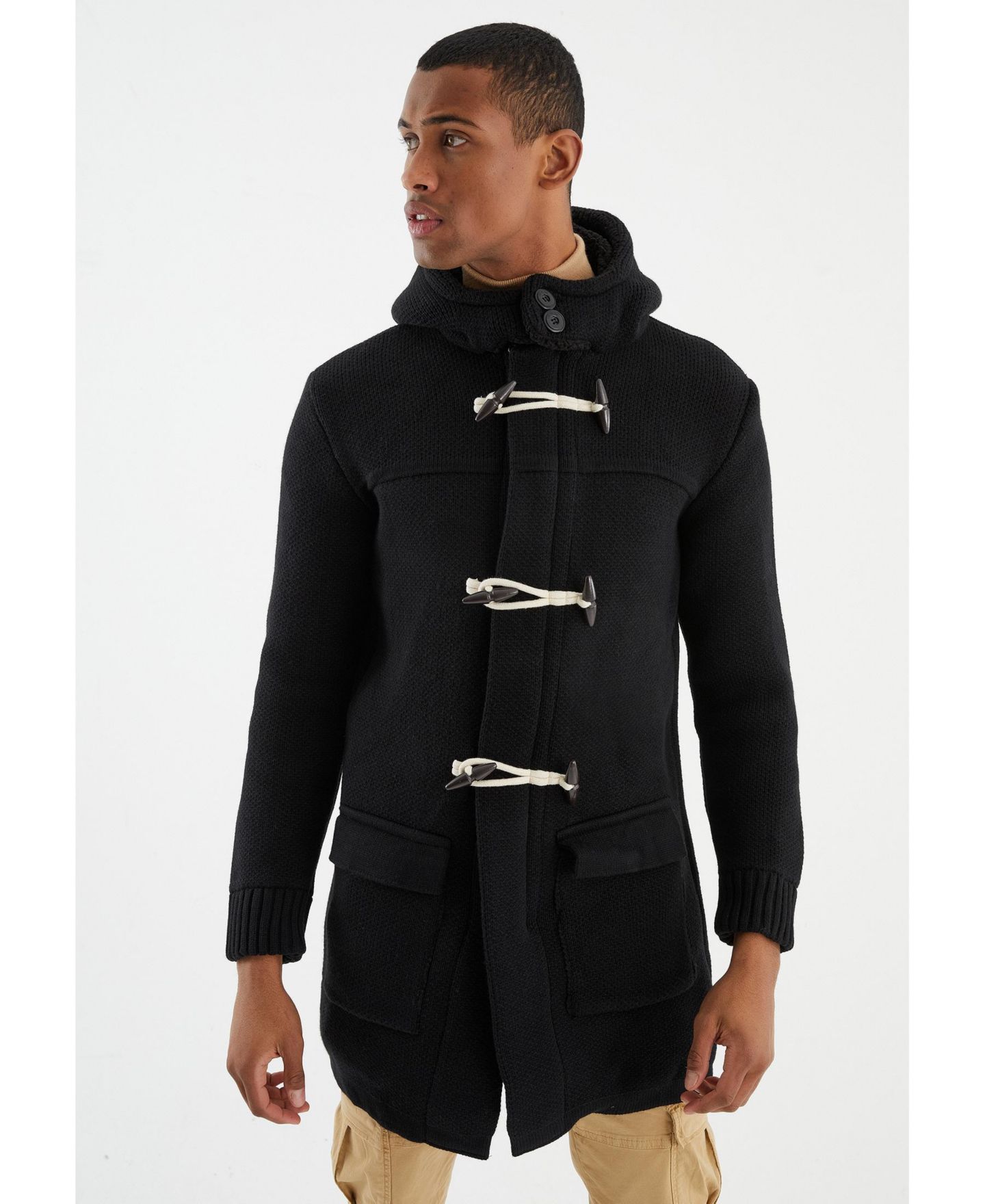 Мужской кардиган Leif Nelson Men s Long Hooded Knit Coat-Style Cardigan with Toggle Closure, цвет: Чёрный — фото 4