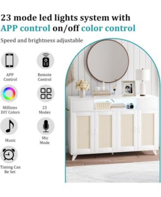 Sideboard Buffet Cabinet, 47" Accent Storage Cabinet with 4 Rattan Doors & 2 Drawers Console Table Coffee Bar w/Power Outlet & LED Light Adjustable Shelves for Dining Living Room, Hallway