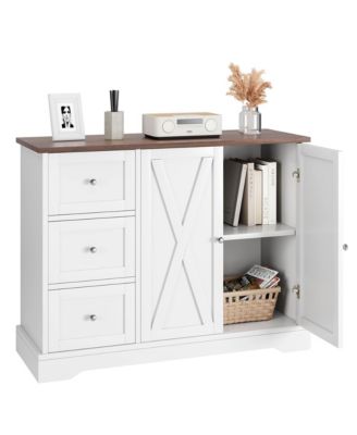 Farmhouse Kitchen Cabinet with 3 Drawers, 2 Barn Doors, and Spacious Countertop for Storage and Display